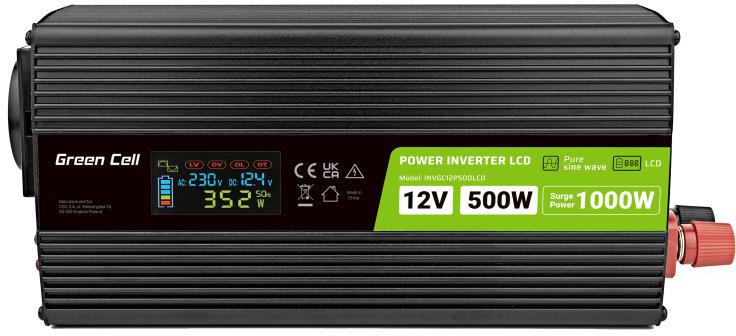 PRZETWORNICA NAPIĘCIA Green Cell PowerInverter LCD 12V -* 230V 500W/1000W CZYSTA SINUSOIDA