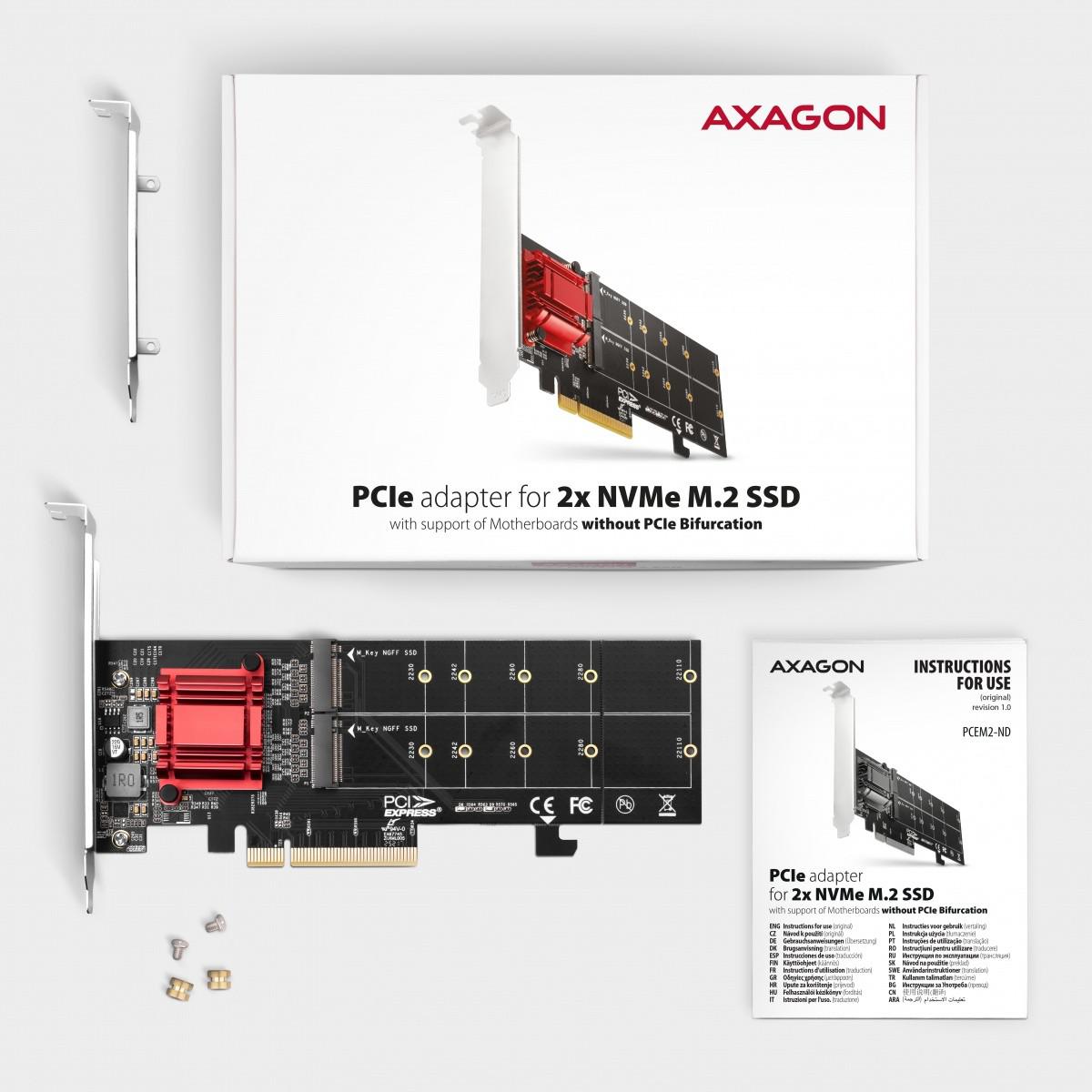 Adapter Axagon PCEM2-ND PCIe 2x NVME M.2 - zawartość zestawu: