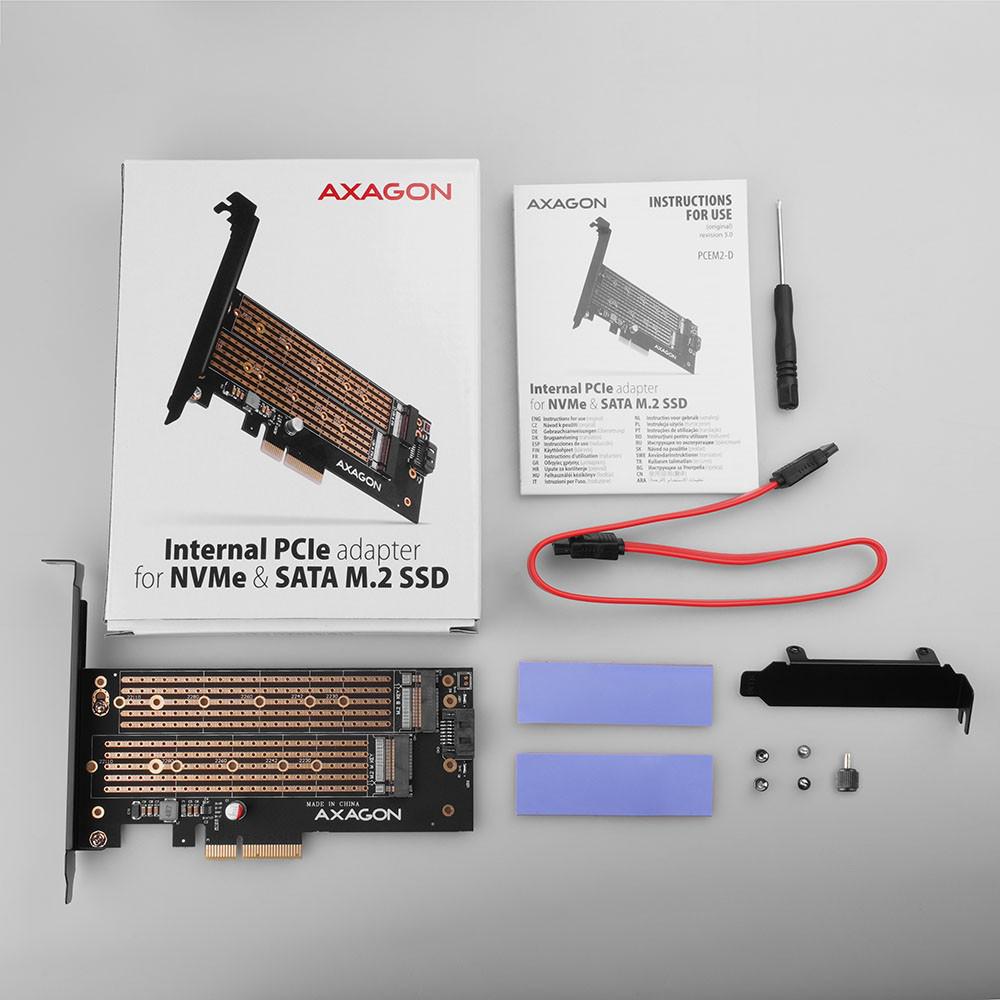 Adapter PCI-Express x4 Axagon PCEM2-D PCIe NVME + SATA M.2 - zawartość zestawu: