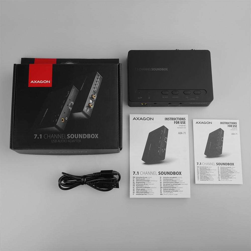 Axagon ADA-71 USB 7.1 SOUNDbox - kompatybilność systemowa i zawartość zestawu:
