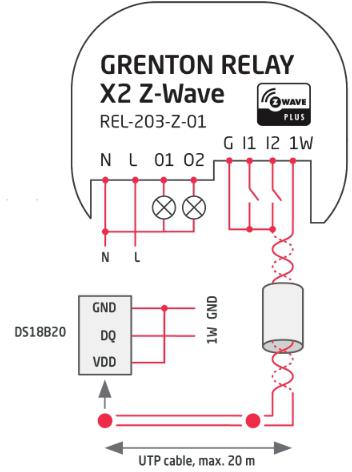 Moduł przekaźnikowy RELAYx2 Z-Wave Grenton - schemat podłączenia: