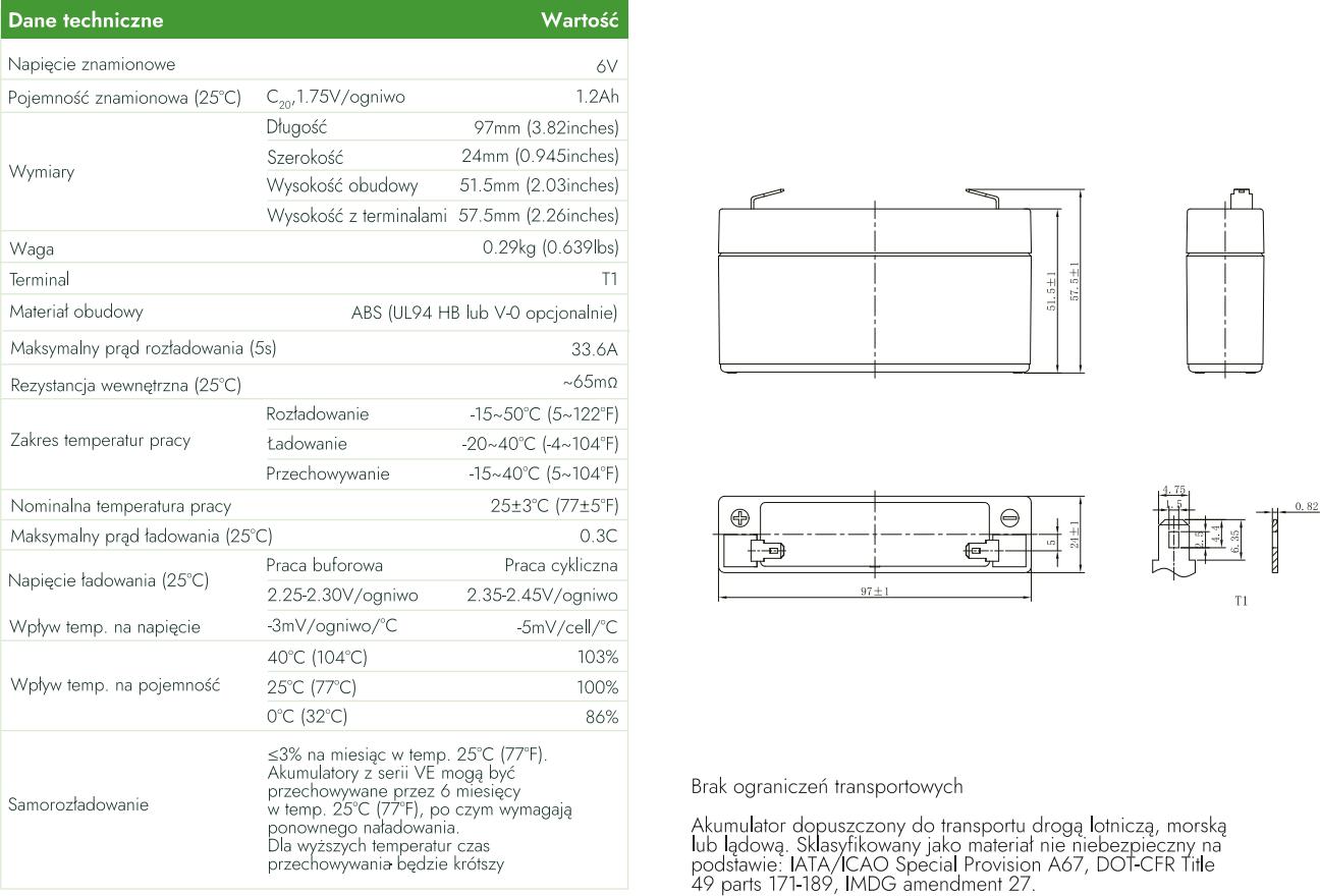 Akumulator AGM Voltage 6V 1.2Ah VE6-1.2 - dane techniczne: