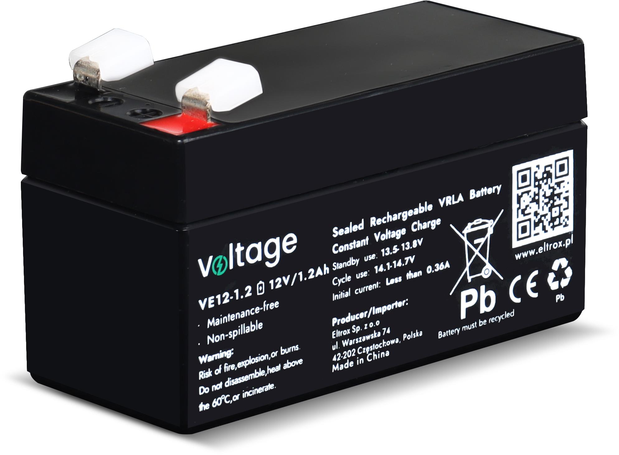 Akumulator AGM Voltage 12V 1.2Ah VE12-1.2 (Żywotność 6-9 lat) - najważniejsze cechy: