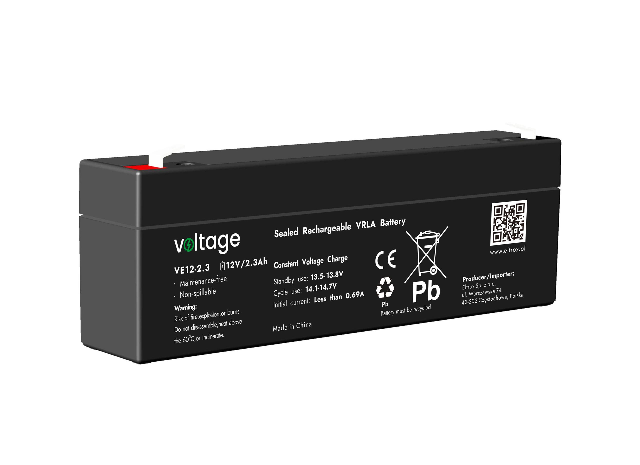 Akumulator AGM Voltage 12V 2.3Ah VE12-2.3 - najważniejsze cechy: