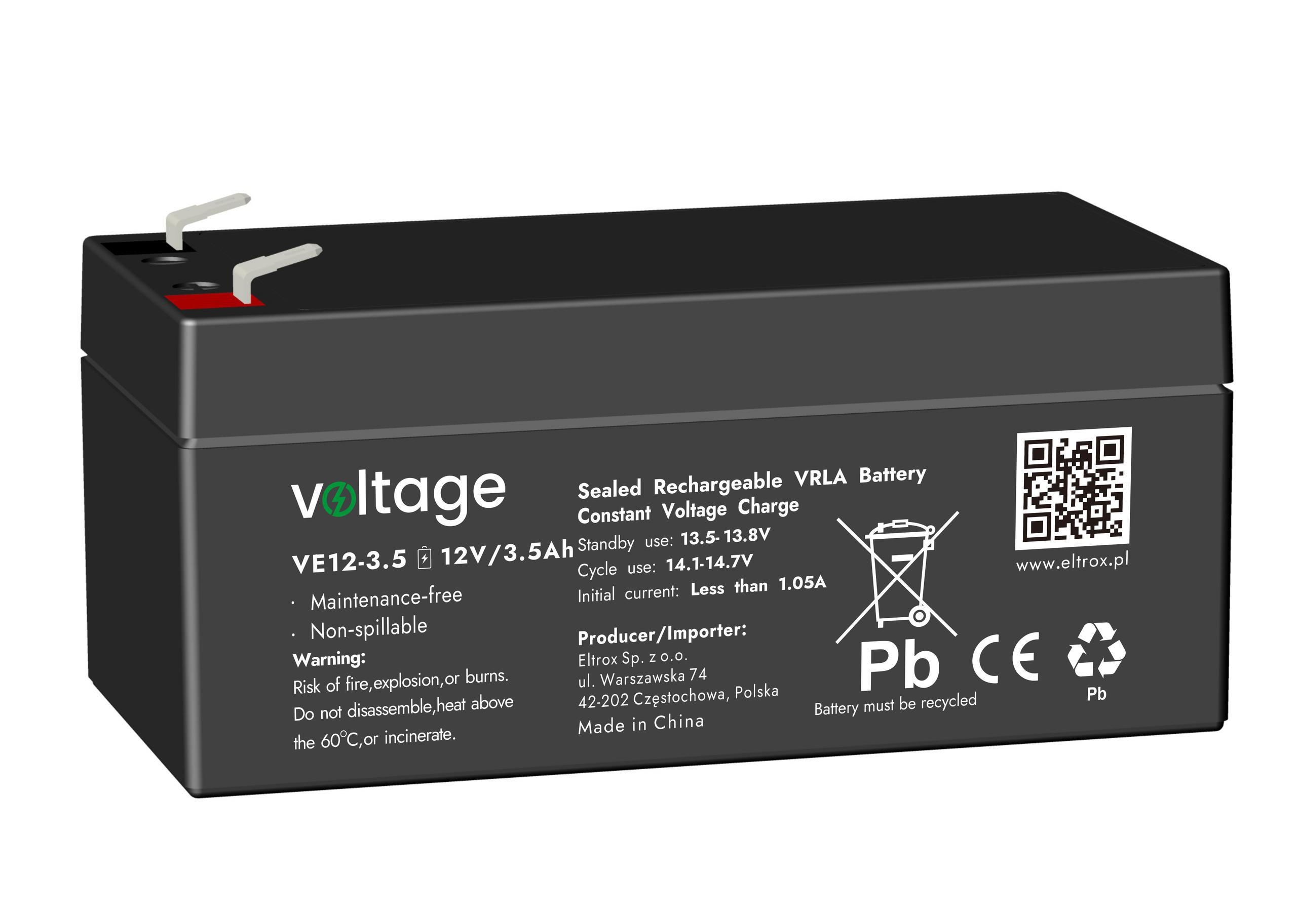 Akumulator AGM Voltage 12V 3.5Ah VE12-3.5 - najważniejsze cechy: