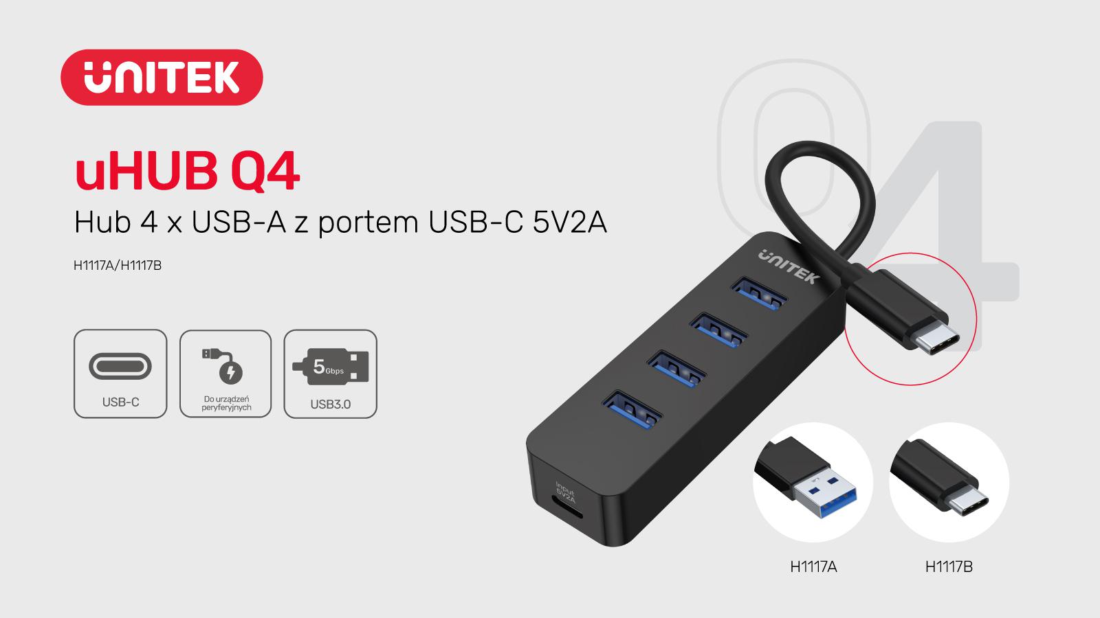 Hub USB Unitek H1117A 4 porty USB-C na USB 3.1 aktywny 10W
