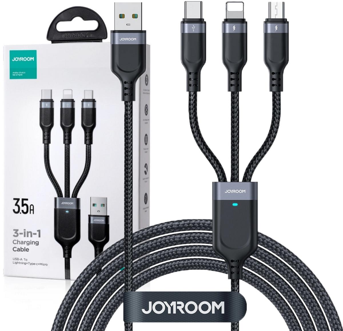 Kabel 3w1 USB-A / USB-C micro-USB Lightning Joyroom S-1T3018A18 30cm 3.5A w oplocie - najważniejsze cechy: