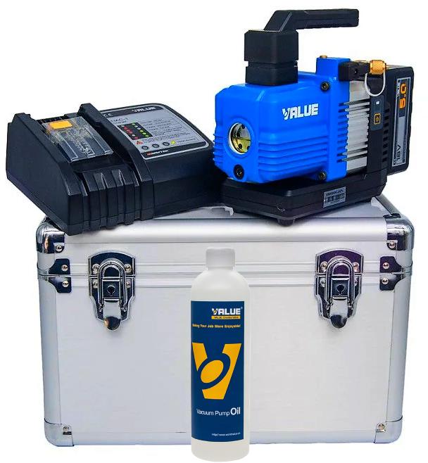 Pompa próżniowa akumulatorowa Value VRP-2DLi 56L z walizką i butelką oleju – najważniejsze cechy: