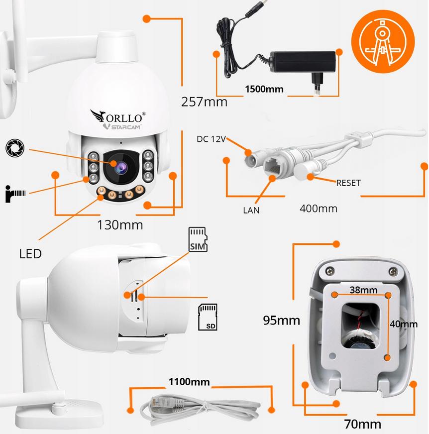 Kamera zewnętrzna obrotowa GSM na kartę SIM Orllo Z7 – wymiary:
