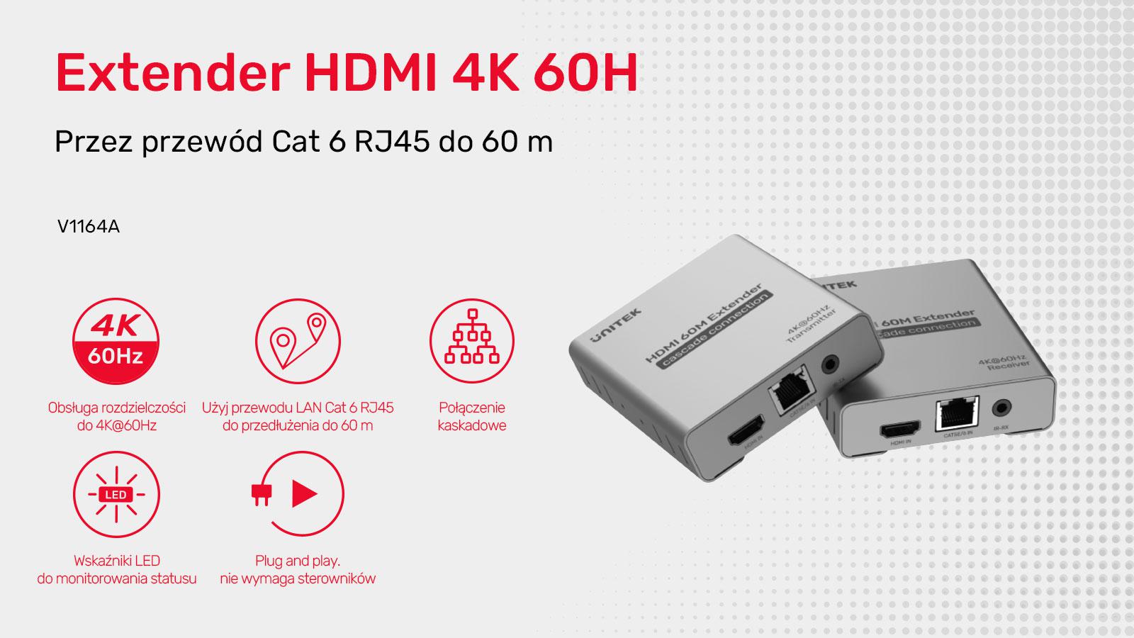 Unitek V1164A Ekstender HDMI 2.0 4K przez Ethernet do 60m