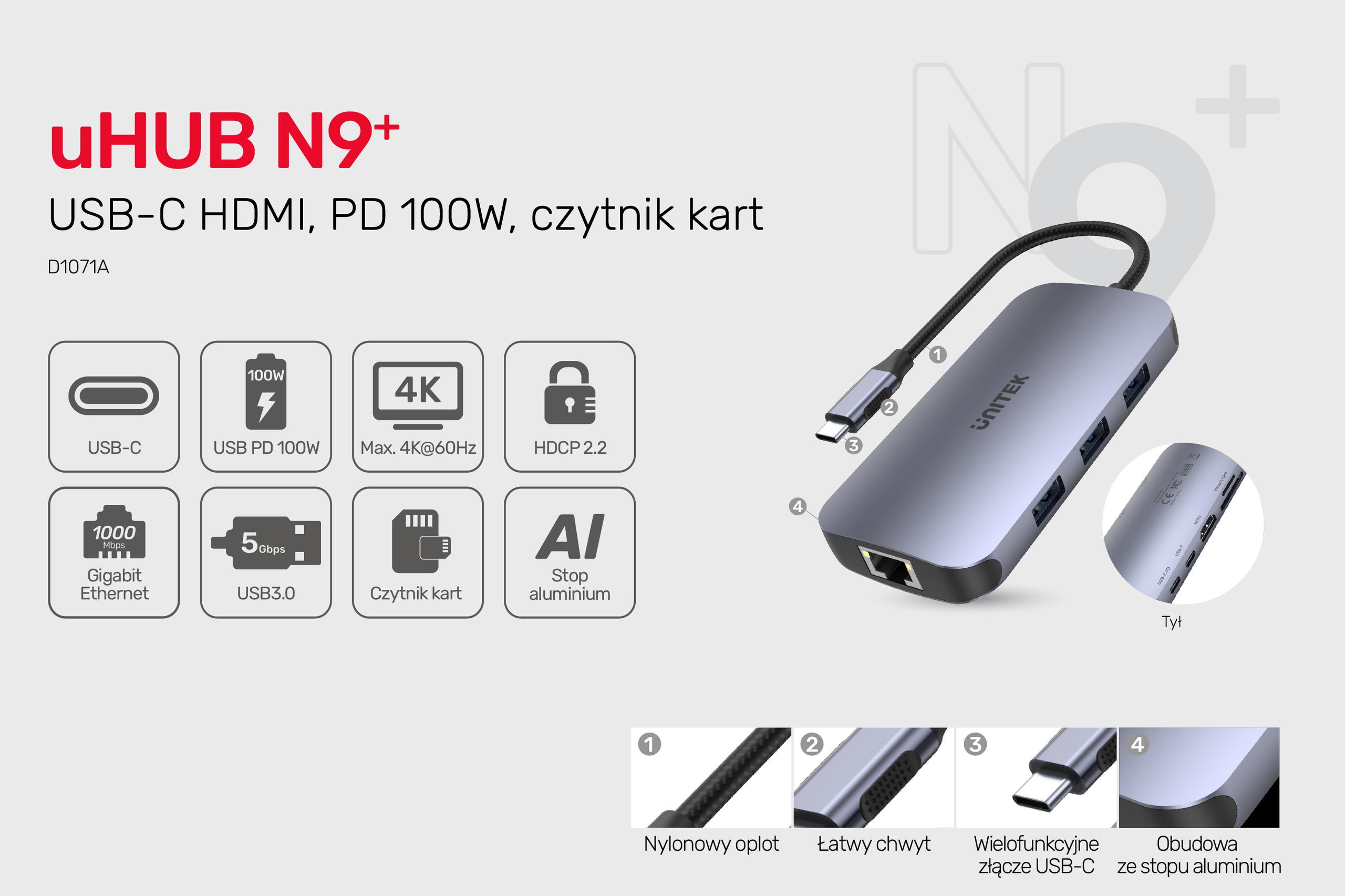 Unitek D1071A Hub N9+ USB-C HDMI, PD 100W, czytnik kart