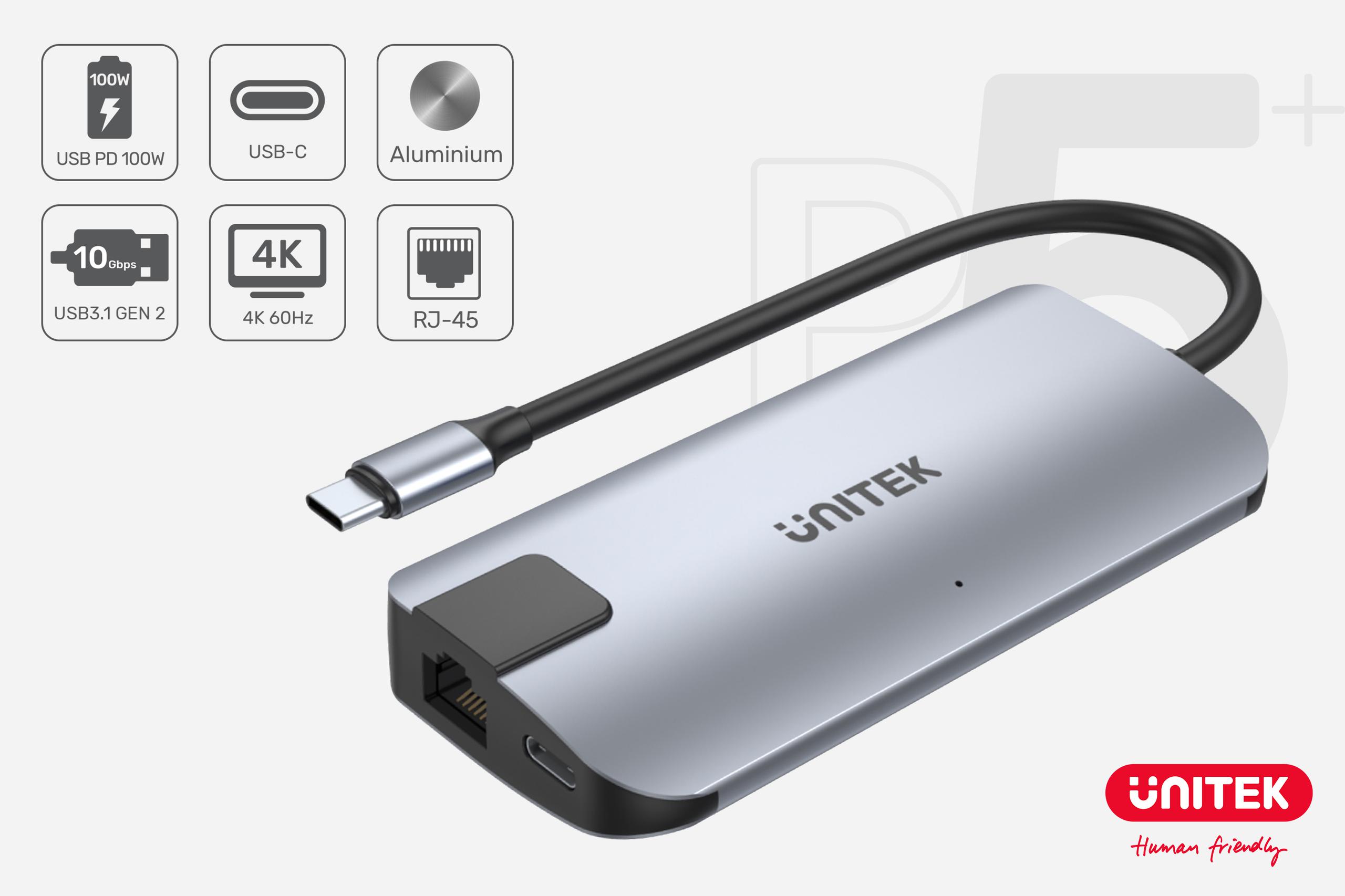 D1028A Unitek Hub USB-C 2x USB-A HDMI 4K RJ-45 PD 100W