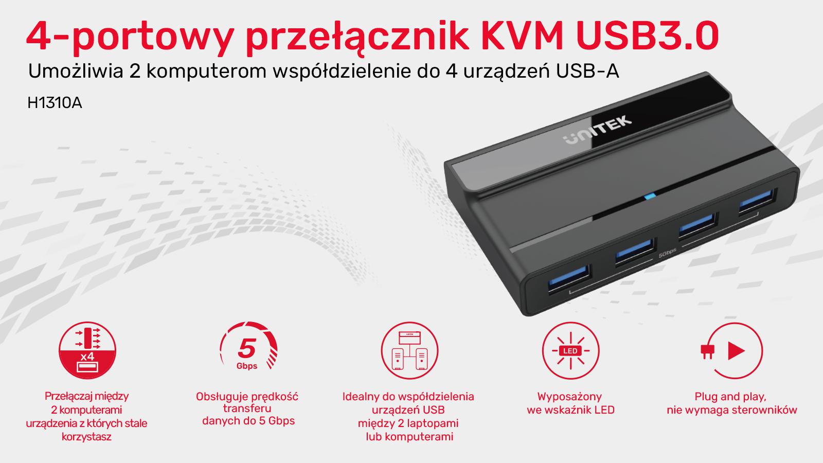 Unitek Przełącznik KVM 4x USB-A 5Gbps aktywny H1310A