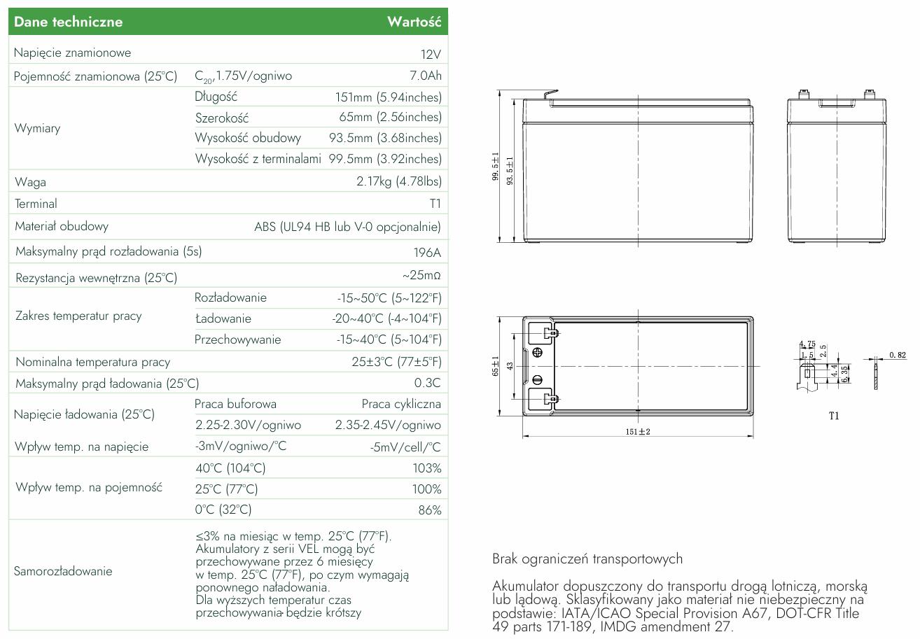 AGM sprieguma ilgstošas darbības akumulators 12V 7Ah VEL12-7.0 (kalpošanas laiks 15 gadi) - tehniskie dati: