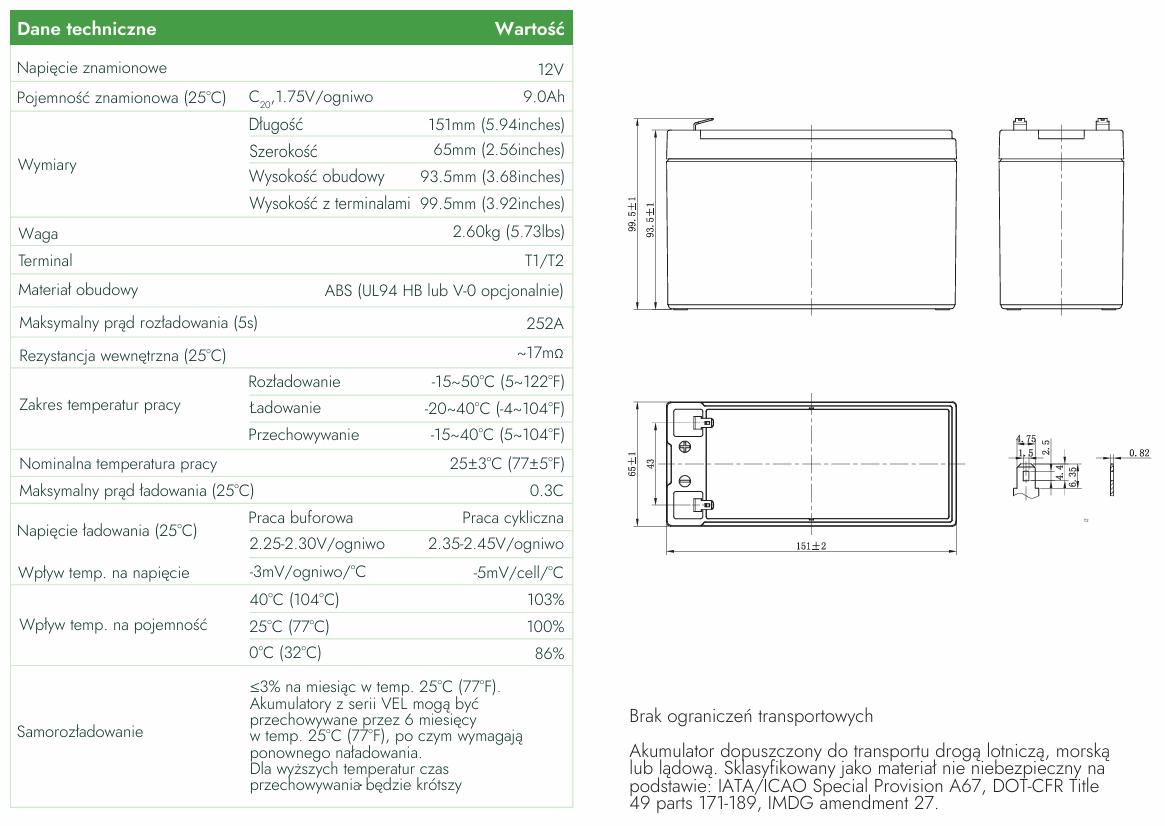 AGM sprieguma ilgstošas darbības akumulators 12V 9Ah VEL12-9.0 (kalpošanas laiks 15 gadi) - tehniskie dati:
