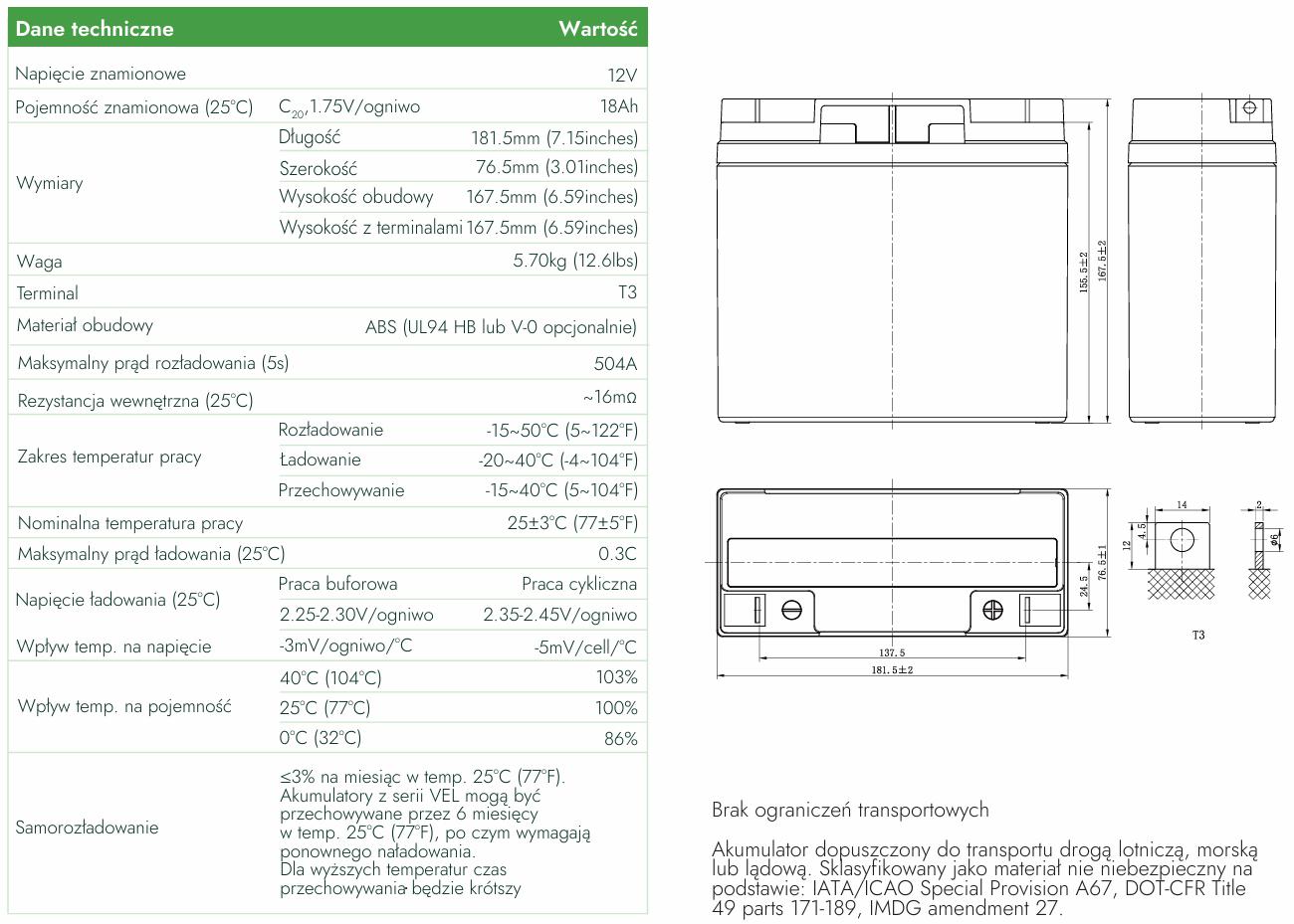 Akumulator AGM Voltage Long Life 12V 18Ah VEL12-18 (Żywotność 15 lat) - dane techniczne: