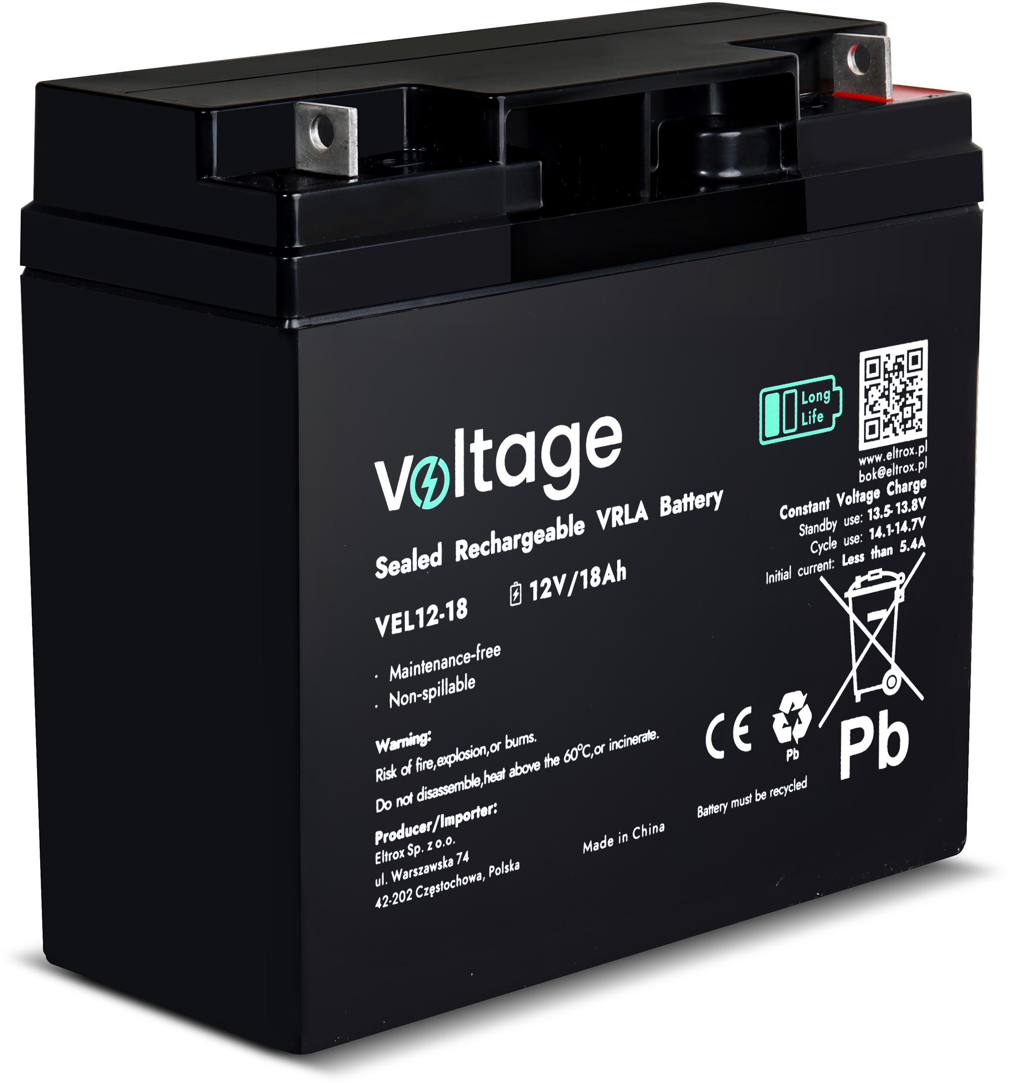 Akumulator AGM Voltage Long Life 12V 18Ah VEL12-18 (Żywotność 15 lat) - najważniejsze cechy: