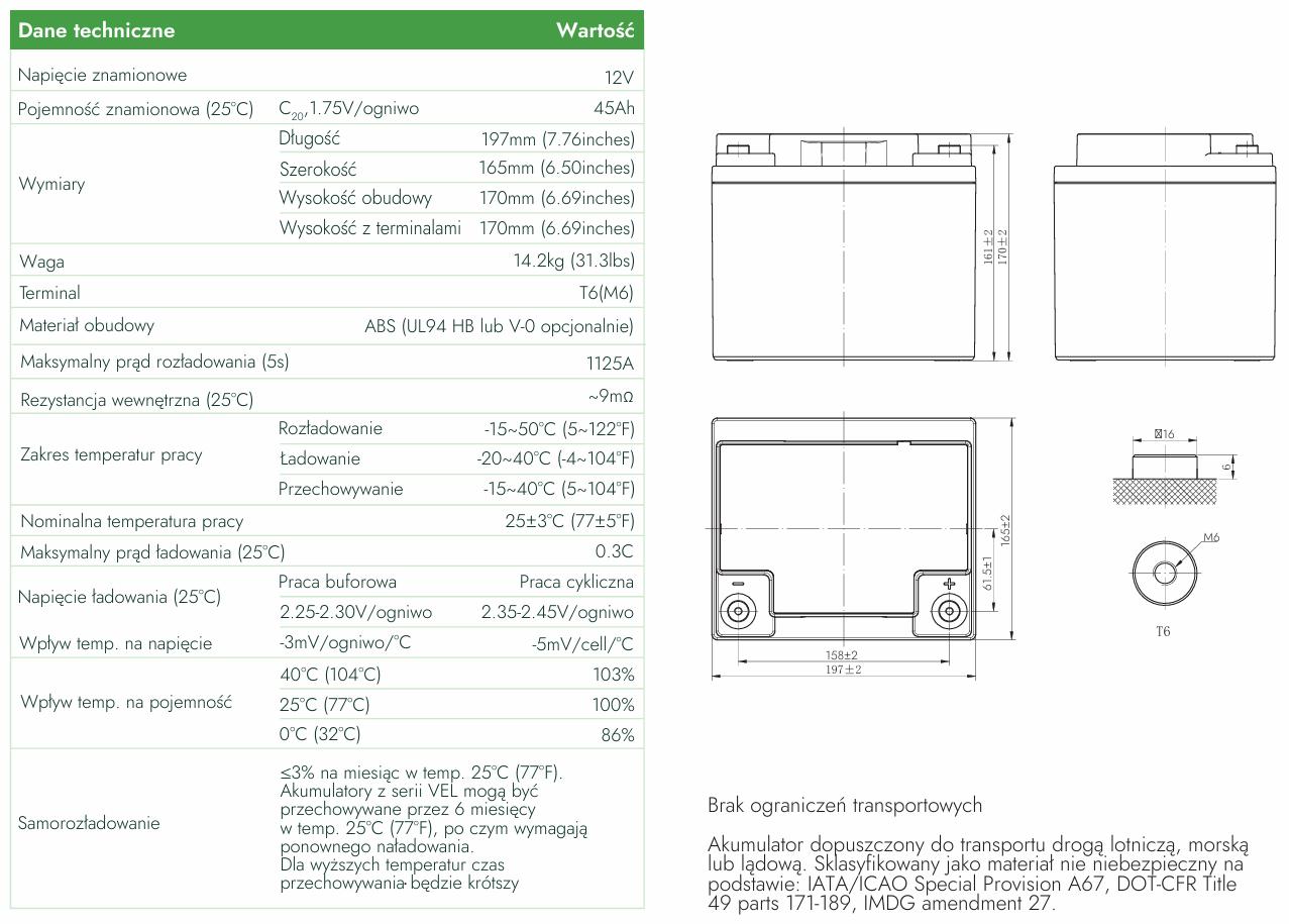 Напряжение AGM Долговечная батарея VEL12-45 12 В 45 Ач (срок службы 15 лет) Долговечная батарея VEL12-45 12 В 45 Ач (срок службы 15 лет) - технические данные: