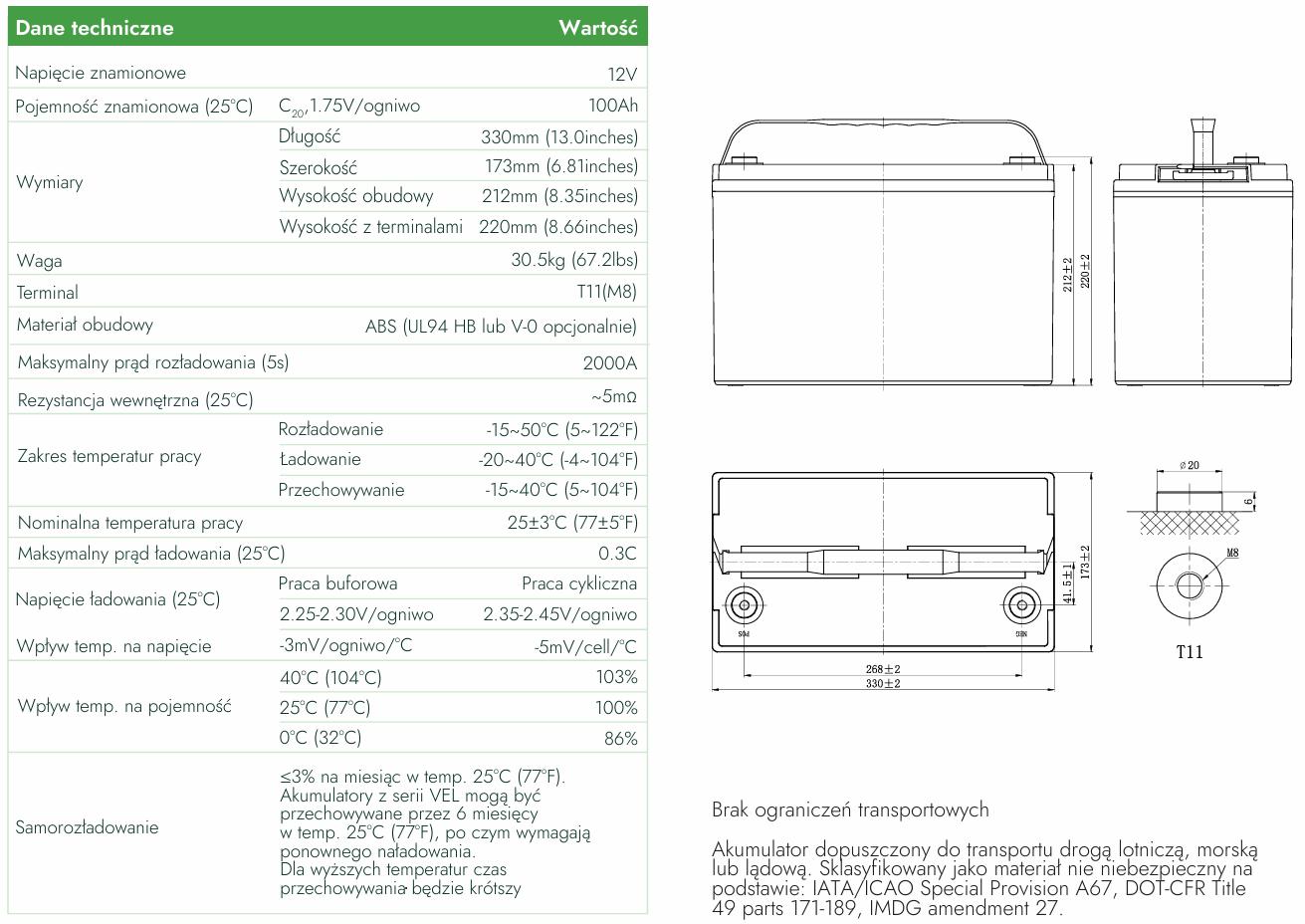 AGM pikaealine aku 12V 100Ah VEL12-100 (15 aastat kasutusiga) - tehnilised andmed:
