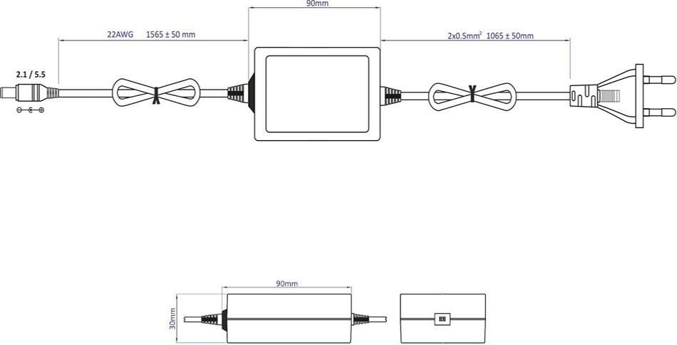 Zasilacz impulsowy desktop do CCTV Voltage 12V 1A 12W wtyk 5,5mm / 2,1mm - wymiary: