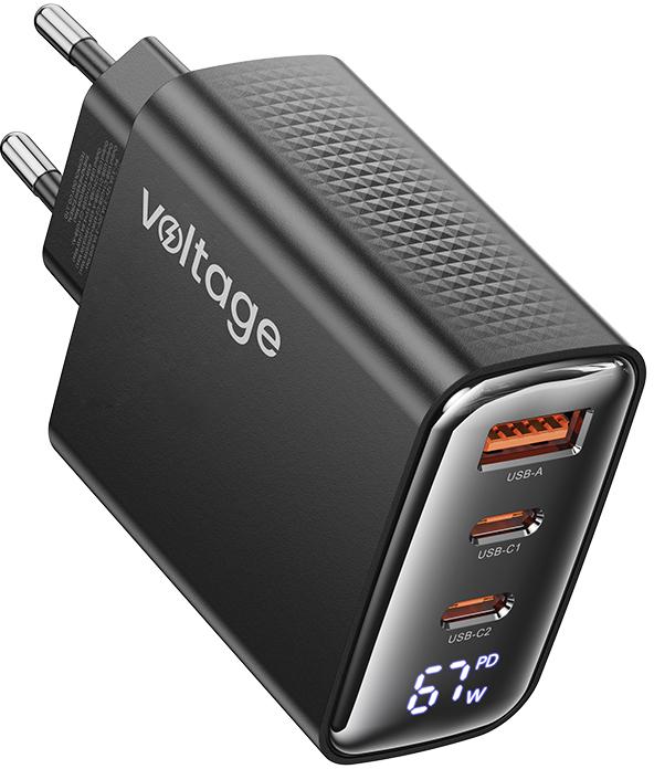 Ładowarka sieciowa Voltage GaN Charger 67W PD 3.0 QC 4.0 USB-A 2x USB-C Digital Display czarna – najważniejsze cechy: