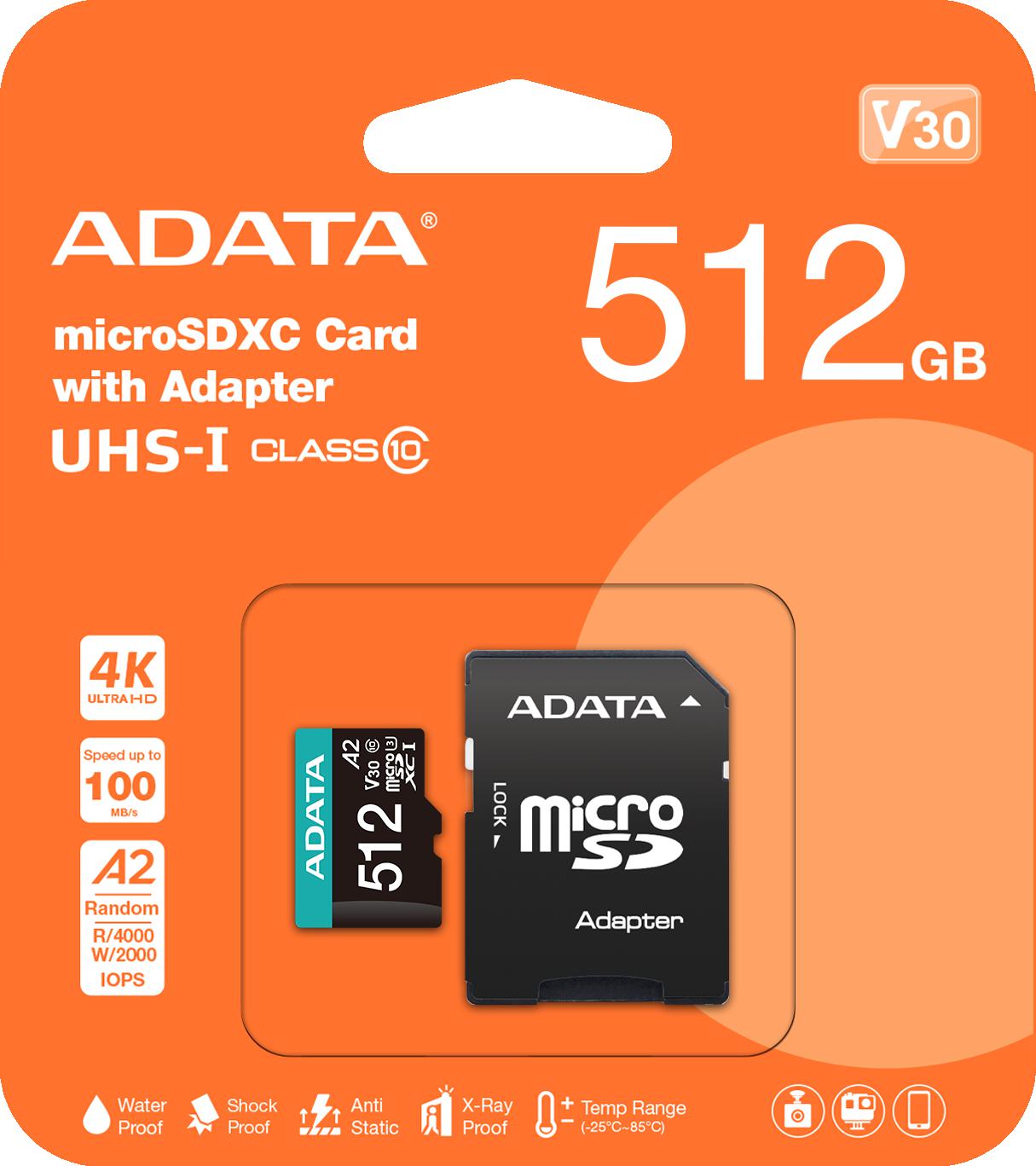 Karta pamięci microSD – Adata Premier Pro 512 GB UHS1 U3 V30 A2 + Adapter