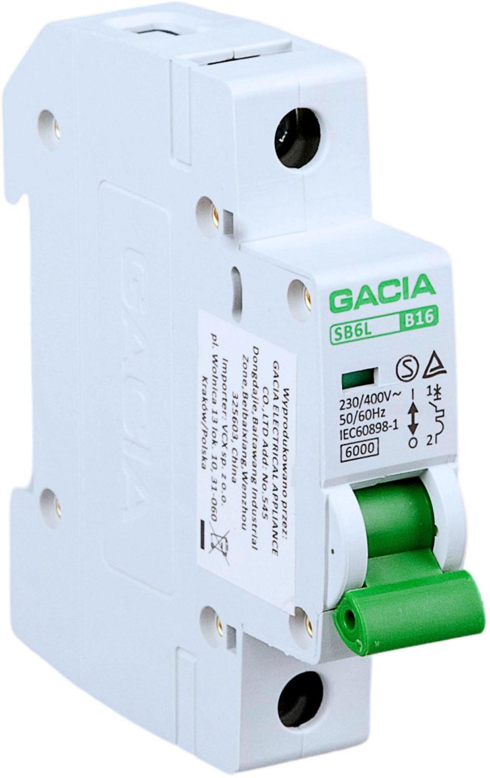 Wyłącznik nadmiarowoprądowy,6kA,B,1-pole,13A GACIA SB6L B 1P 13A