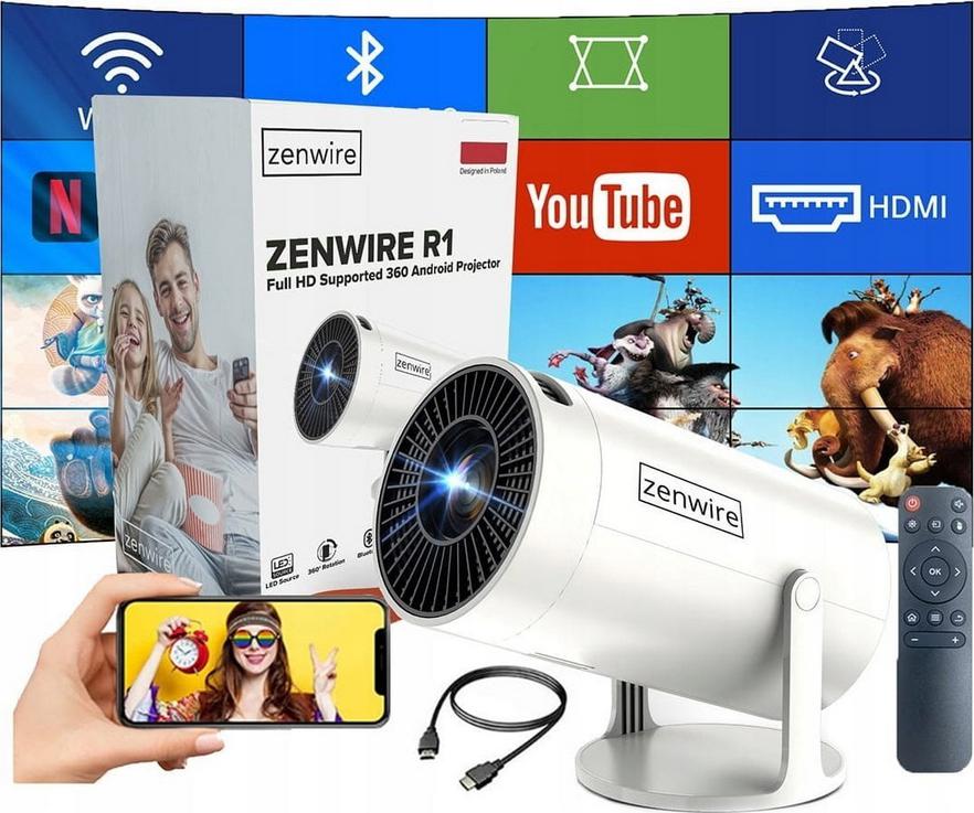 PRZENOŚNY MINI PROJEKTOR ANDROID 13 WiFi RZUTNIK OBROTOWY FULL HD 4K Bluetooth Autokeystone 4D Zenwire R1 360