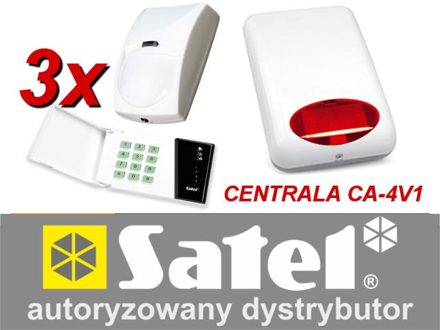 KOMPLETNY ZESTAW ALARMOWYOPARTY O SYSTEM SATELCENTRALA ALARMOWA CA-4V1, SYGNALIZATOR SPL-5010, 3 CZUJNIKI