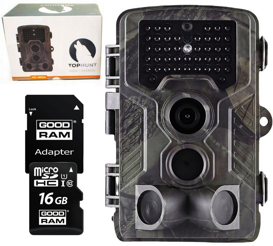 Zestaw kamera leśna Top-Hunt HC-800A 1080p 42IR 16MPx + karta pamięci microSD GOODRAM CL10 16GB z adapterem SD M1AA - najważniejsze cechy zestawu: