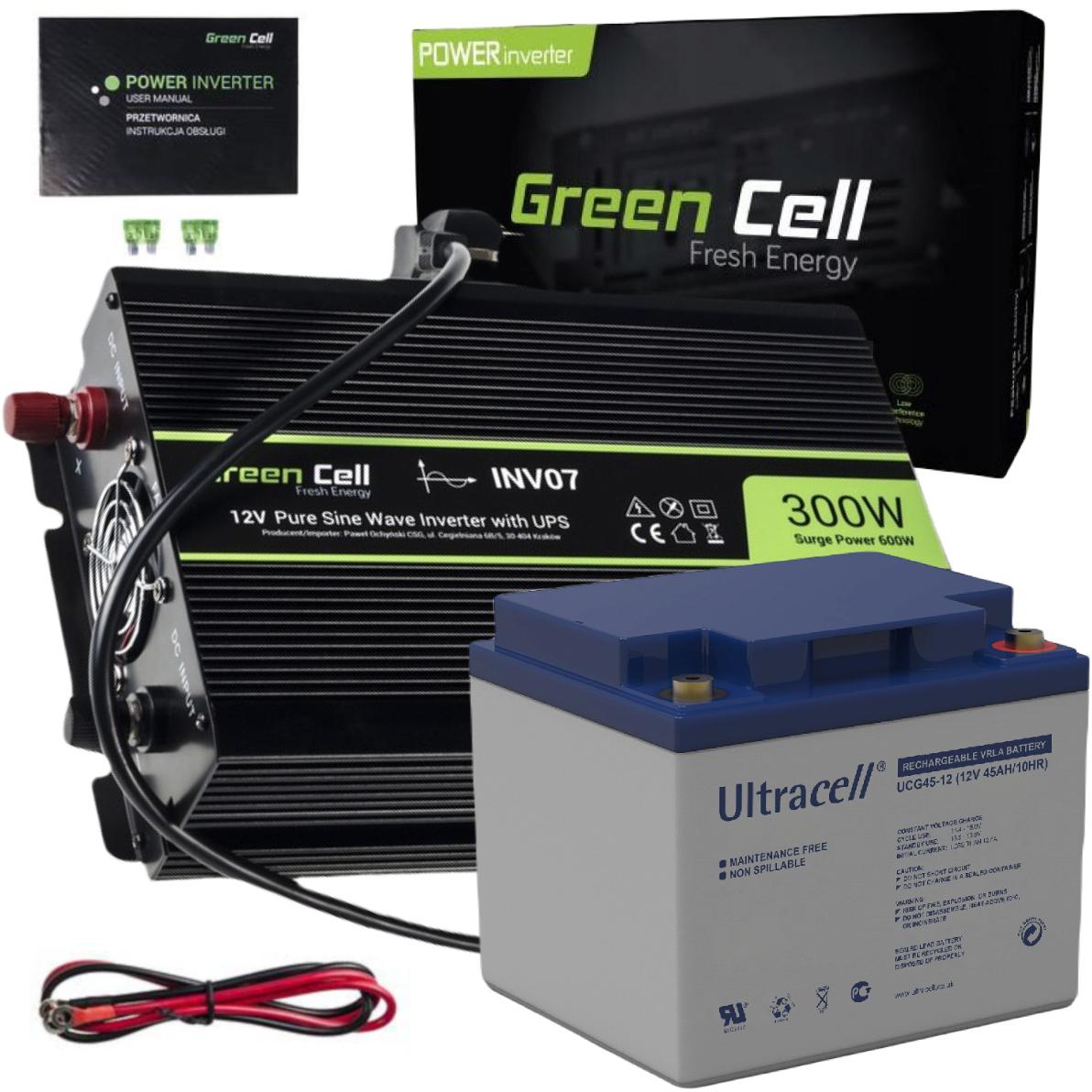 Poznaj zalety i przeznaczenie zestawu awaryjnego zasilania składającego się z przetwornicy Green Cell INV07 12V->230V 300W/600W CZYSTY SINUS oraz akumulatora AGM ULTRACELL 12V 45Ah: