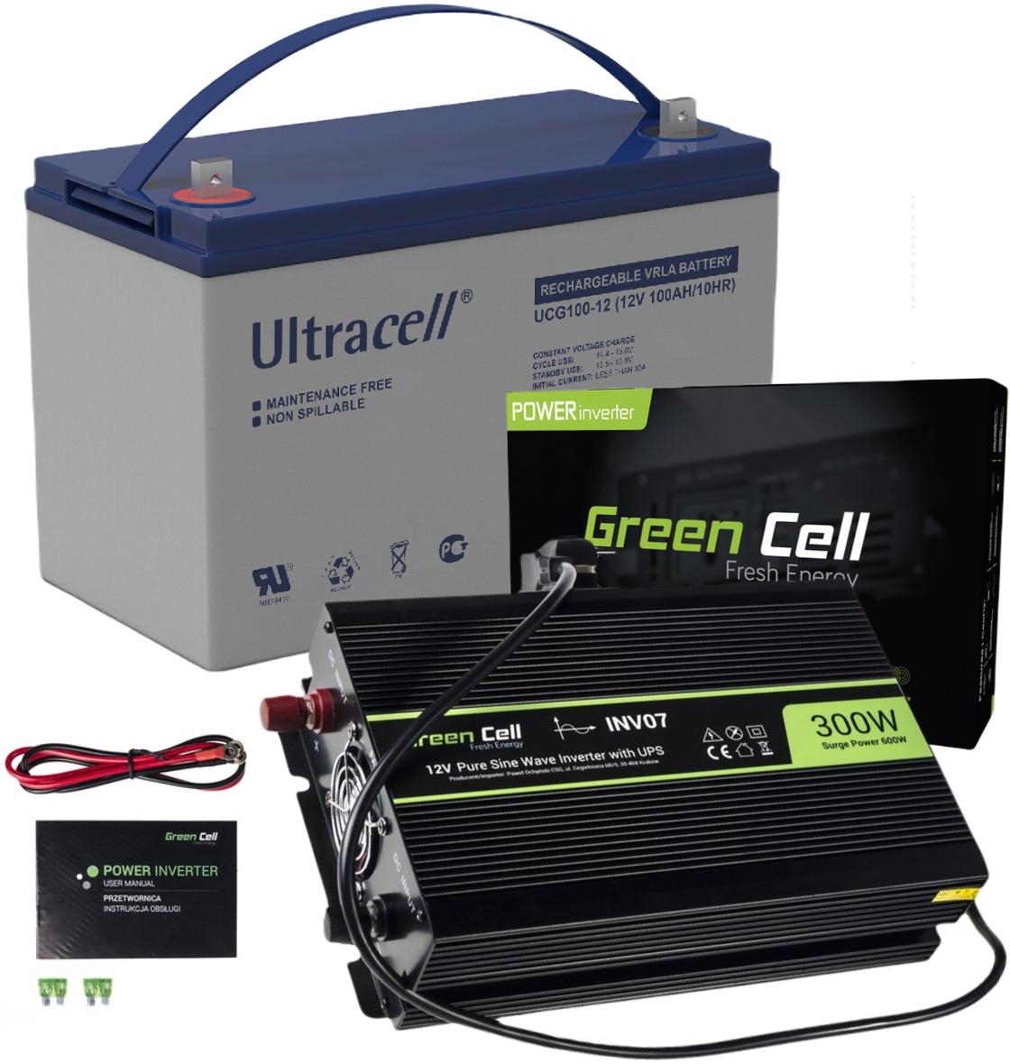 Poznaj zalety i przeznaczenie zestawu awaryjnego zasilania składającego się z przetwornicy Green Cell INV07 12V->230V 300W/600W CZYSTY SINUS oraz akumulatora AGM ULTRACELL 12V 100Ah: