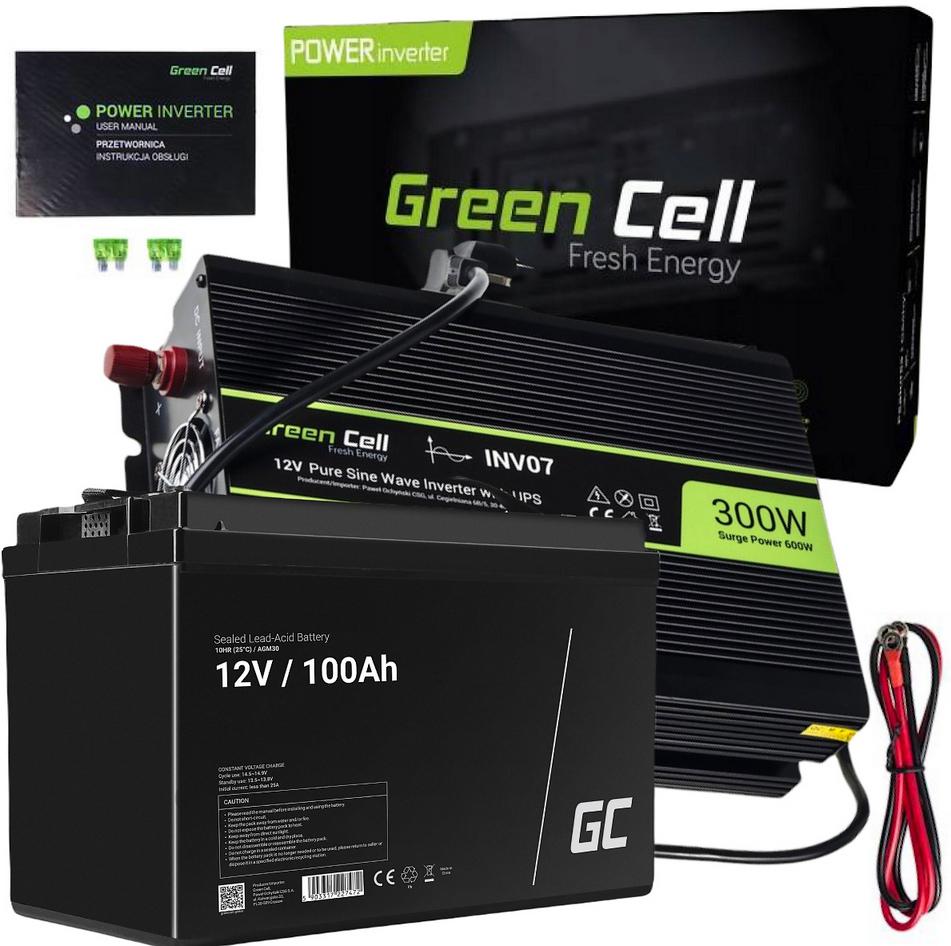 Poznaj zalety i przeznaczenie zestawu awaryjnego zasilania składającego się z przetwornicy Green Cell INV07 12V->230V 300W/600W CZYSTY SINUS oraz akumulatora AGM Green Cell VRLA 12V 100Ah:
