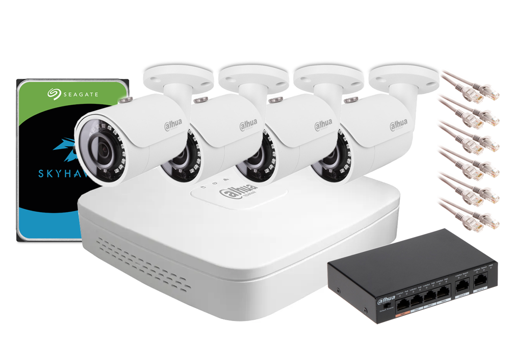 Zestaw monitoringu IP Dahua NVR 1TB 4 kamery tubowe 2MPx 5 NAJWAŻNIEJSZE CECHY ZESTAWU DO MONITORINGU: