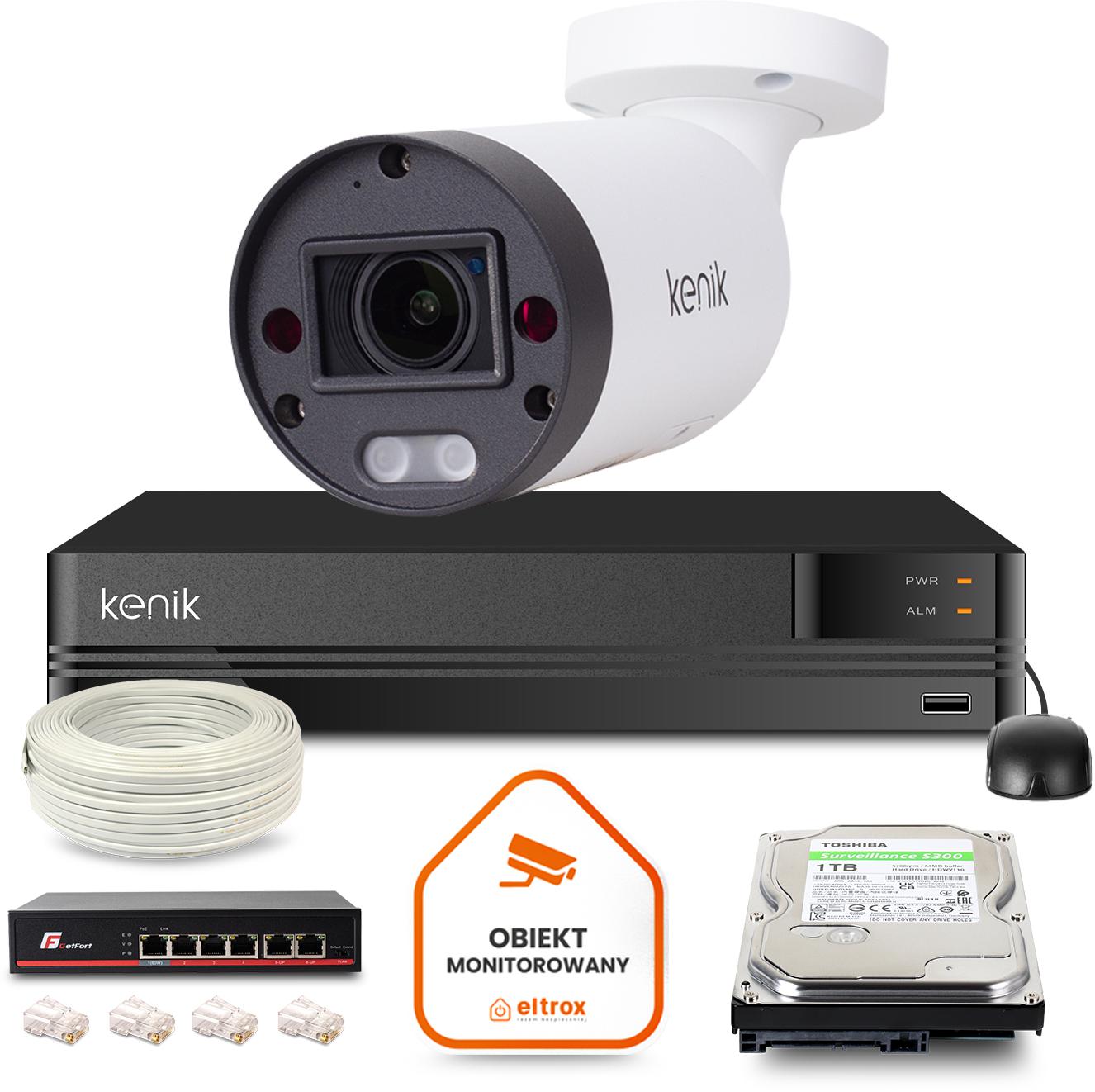 Zestaw monitoringu IP Kenik 1 kamery tubowe 5MPx IR 70m dysk 1TB