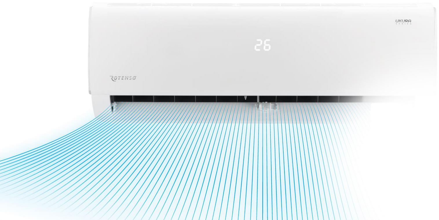 Klimatyzacja Rotenso Ukura U26X 2,6kW WiFi 4D - efektywne chłodzenie, dzięki szerokiemu kątowi nawiewu eMOTO