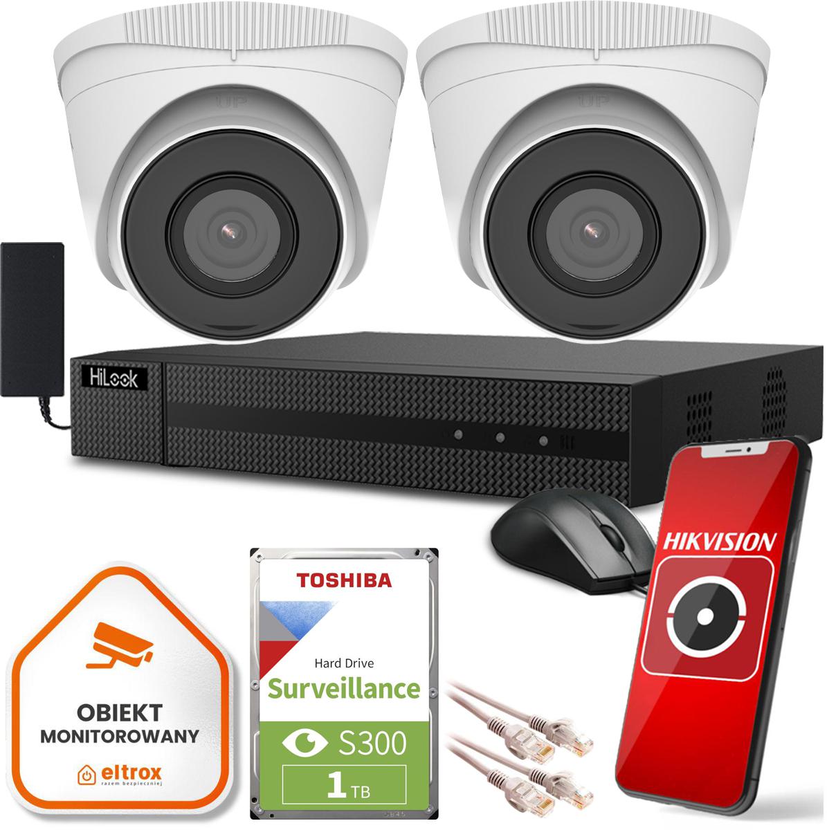 Zestaw monitoringu Hilook by Hikvision z 2 kamerami kopułkami 2MP IPCAM-T2L do Twojego domu lub biura