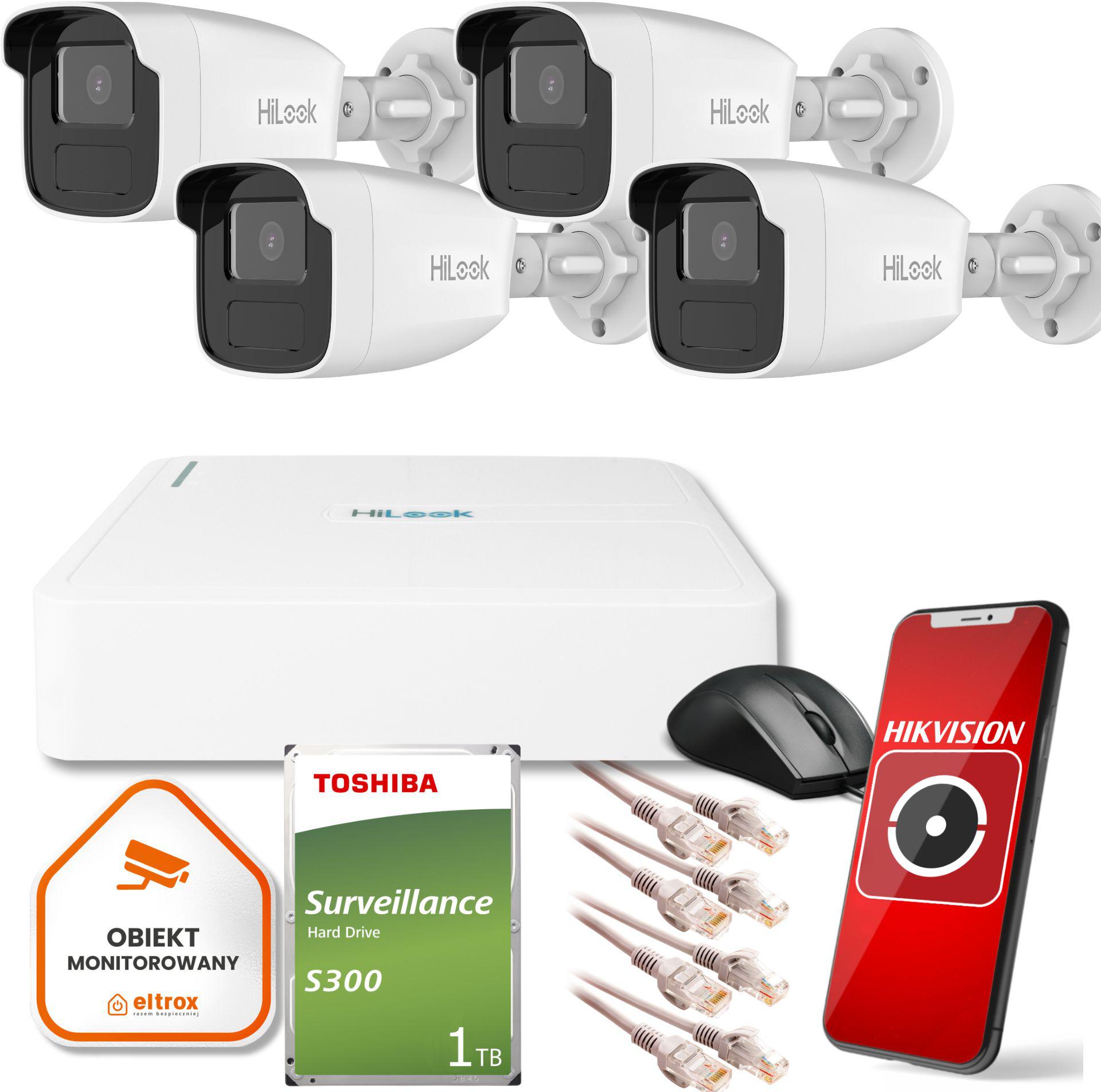 Kompletny zestaw monitoringu Hilook by Hikvision 4 kamer IP IPCAM-B4-50IR do Twojego domu czy biura