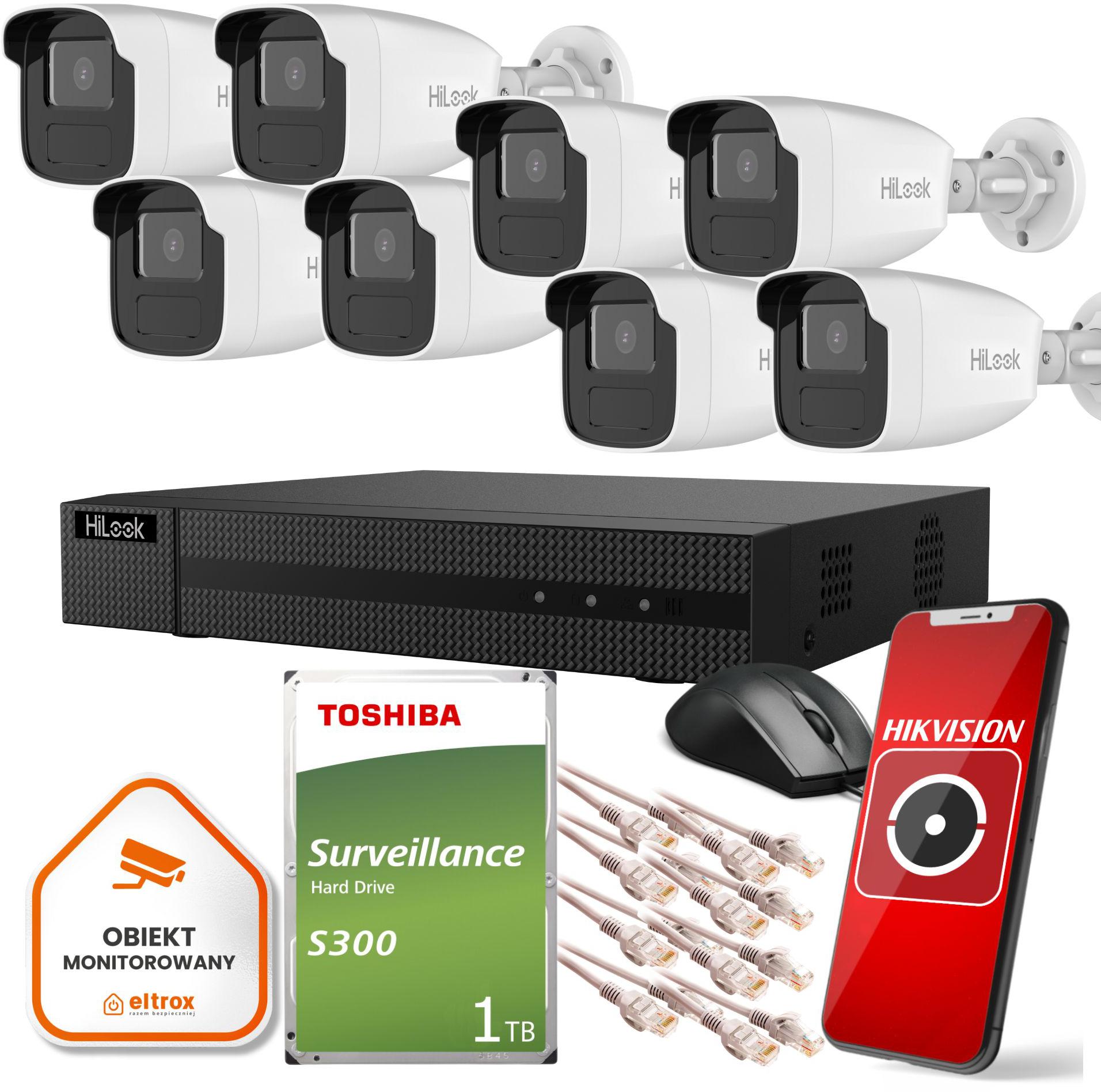 Kompletny zestaw monitoringu Hilook by Hikvision 8 kamer IP IPCAM-B5-50IR do Twojego domu czy biura