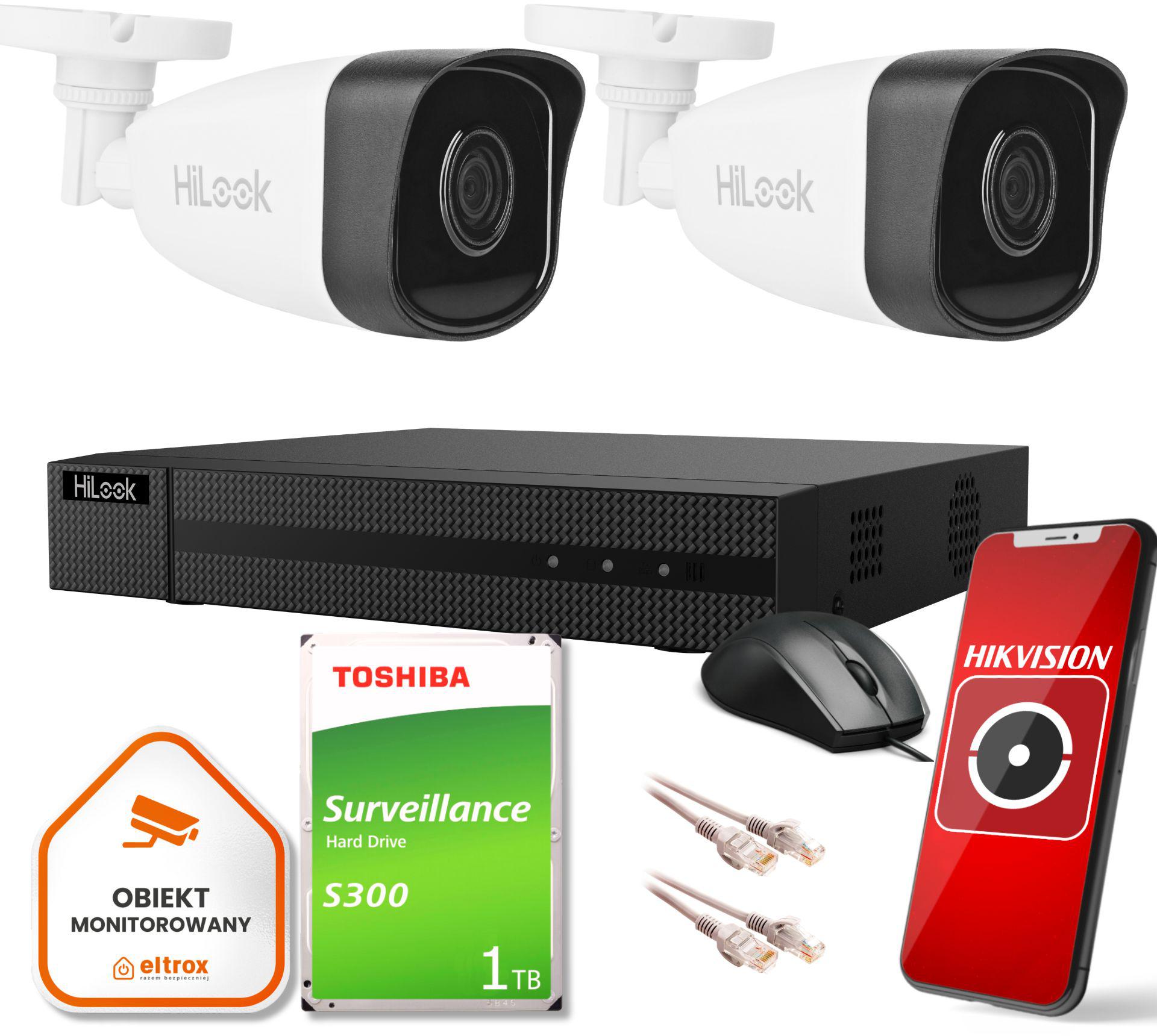 Kompletny zestaw monitoringu Hilook by Hikvision 2 kamer IP IPCAM-B5 1TB dysk do Twojego domu czy biura