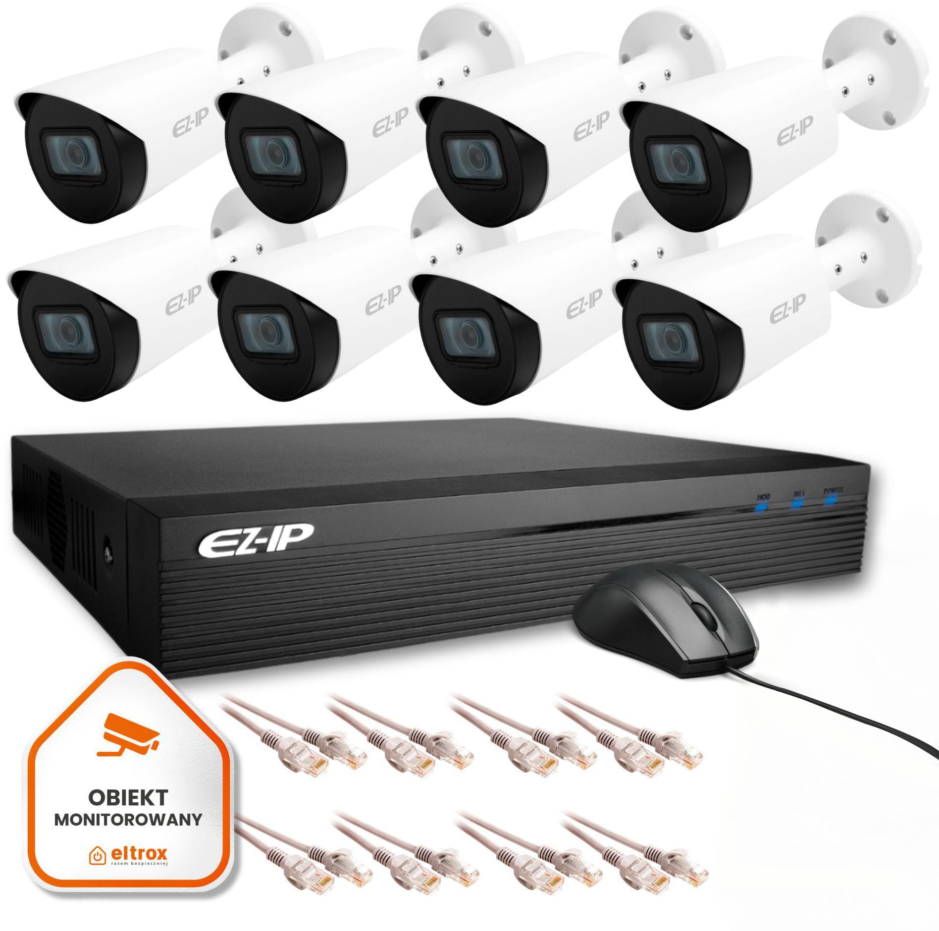 Zestaw monitoringu IP Eco 8B EZ-IP by Dahua 8 kamer FullHD EZI-B120-F2 Rejestrator 8  kanałowy EZN-108E1-P8