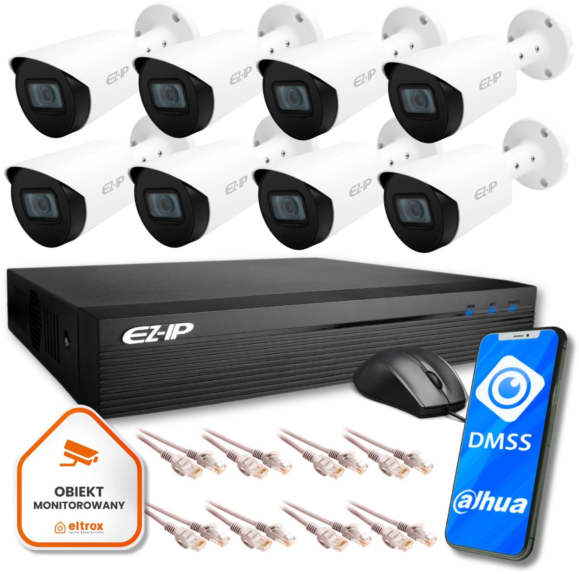 Zestaw monitoringu IP Eco 8B EZ-IP by Dahua 8 kamer FullHD EZI-B120-F2 Rejestrator 8  kanałowy EZN-108E1-P8