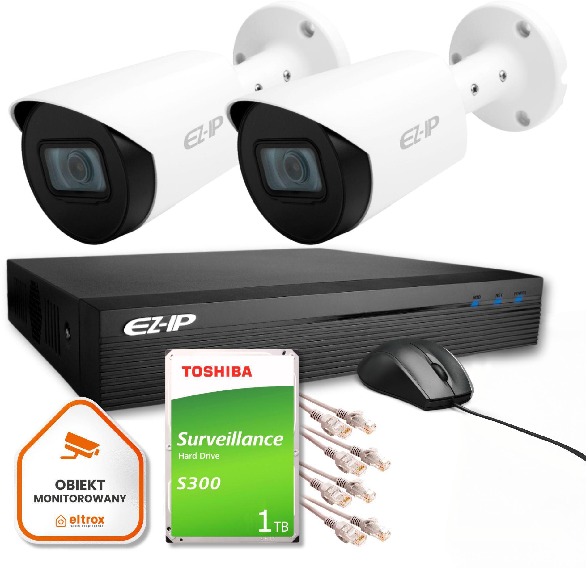 Zestaw monitoringu IP Pro 2B EZ-IP by Dahua 2 kamer FullHD 1TB EZI-B120-F2 Rejestrator 4 kanałowy EZN-104E1-P4