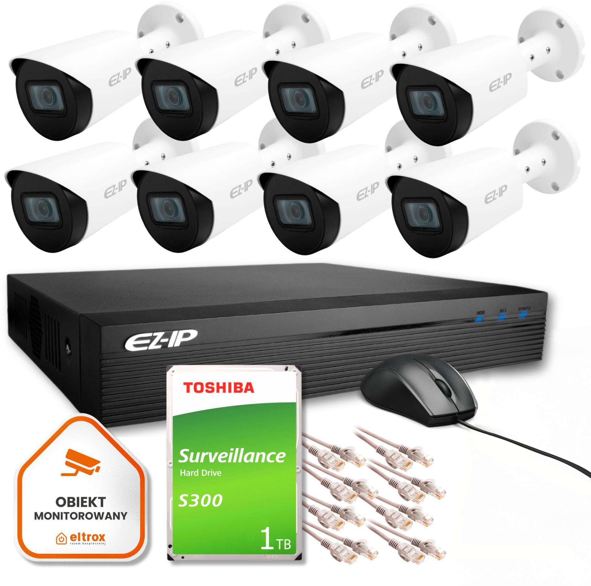 Zestaw monitoringu IP Pro 8B EZ-IP by Dahua 8 kamer FullHD 1TB EZI-B120-F2 Rejestrator 8 kanałowy EZN-108E1-P8