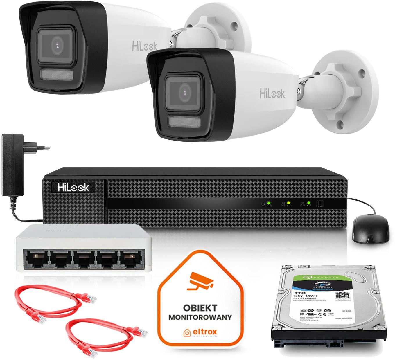 Zestaw monitoringu Hilook IP z 2 kamerami 8MPx, rejestratorem i dyskiem 1TB SkyHawk. Idealny do domu, firmy, sklepu. Gotowy do montażu!