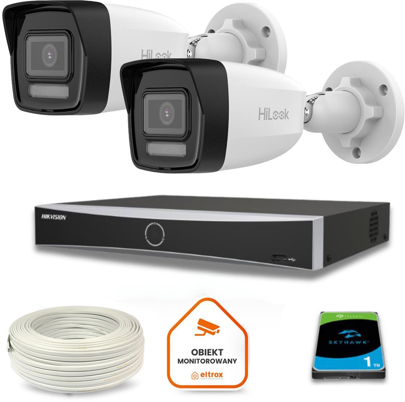 Zestaw monitoringu Hilook IP z 2 kamerami 8MPx, rejestratorem Hikvision i dyskiem 1TB SkyHawk. Idealny do domu, firmy, sklepu. Gotowy do montażu!