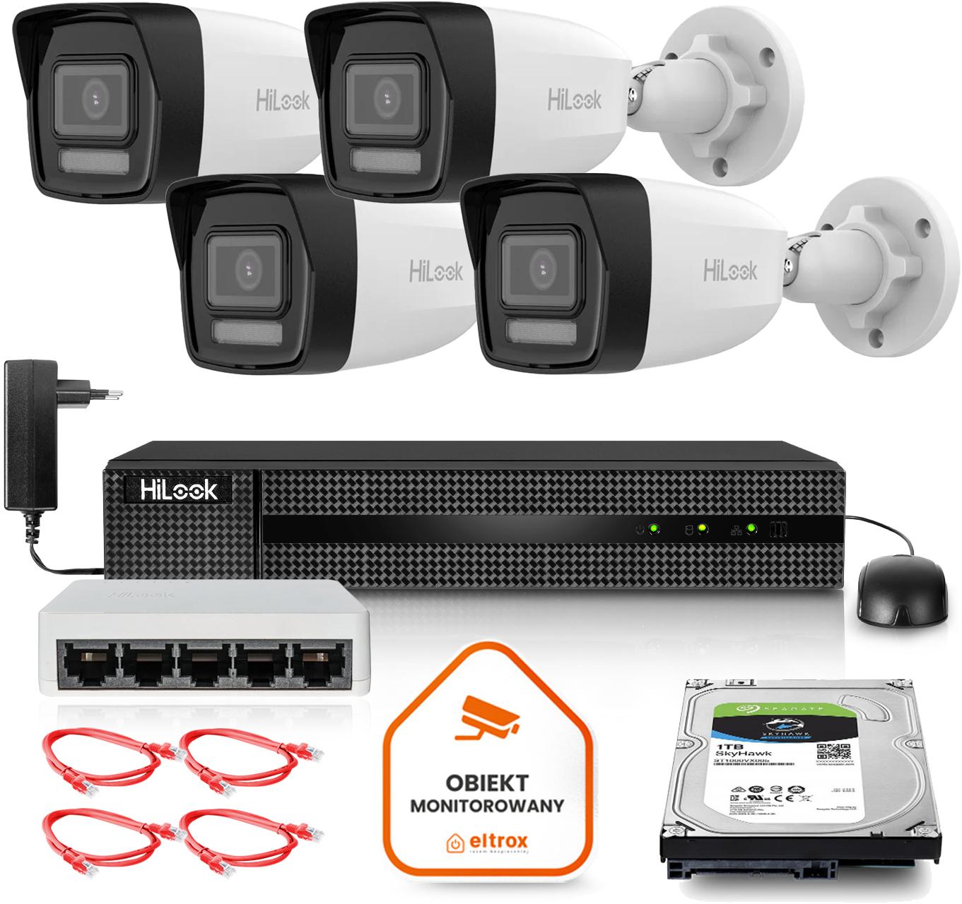Zestaw monitoringu Hilook IP z 4 kamerami 8MPx, rejestratorem i dyskiem 1TB SkyHawk. Idealny do domu, firmy, sklepu. Gotowy do montażu!
